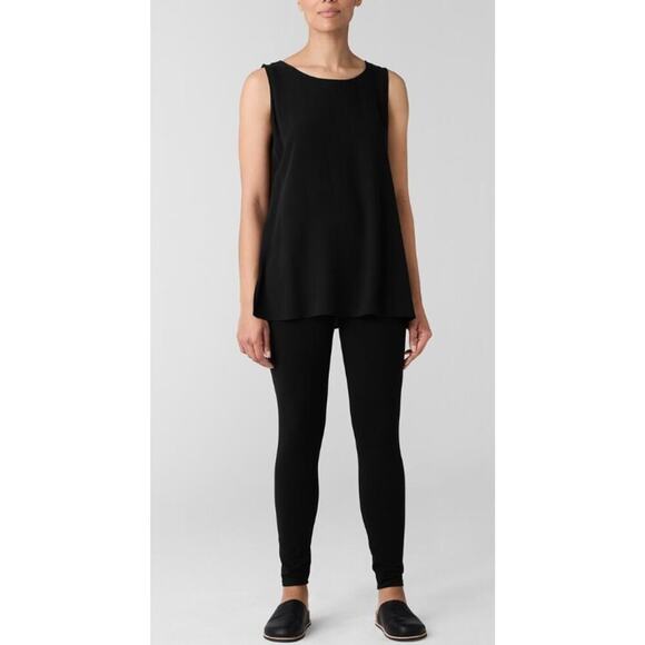 Eileen Fisher M Black Pants Genuine Leather Side Trim Knit Stretch Pull On - Picture 1 of 9